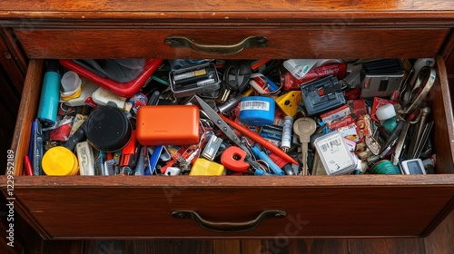 Chaotic Junk Drawer Overflowing with Random Items and Everyday Tools in Brown Wooden Cabinet