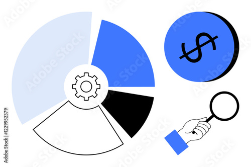 Pie chart with gear, dollar sign held by a hand using magnifying glass. Ideal for financial analysis, business strategy, market research, economic trends, data interpretation, investment review