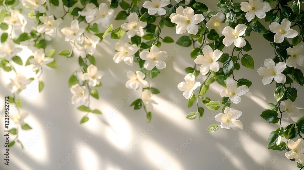 Fototapeta premium Delicate white flowers adorning a wall indoor floral decor bright natural light serene environment
