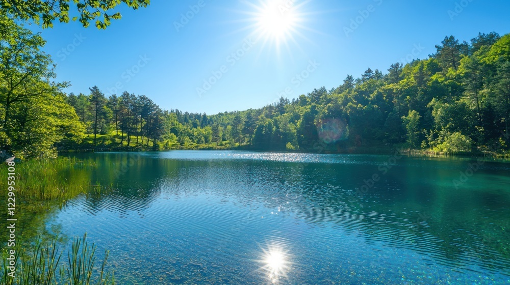 Fototapeta premium The surface of the glitter lake sparkles under the bright sunlight, creating a shimmering effect