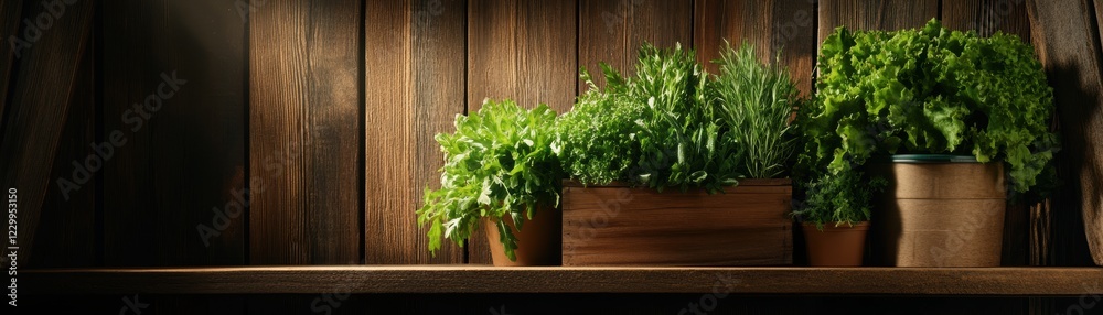 A beautifully arranged display of fresh green herbs and lettuce in wooden pots against a rustic wooden backdrop, Ideal for gardening, healthy eating, or natural product promotions, A beautifully arranged display of fresh green herbs and lettuce in wooden pots against a rustic wooden backdrop, Ideal for gardening, healthy eating, or natural product promotions,
