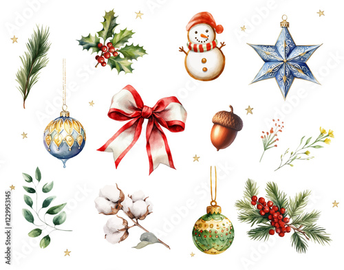 Set of Christmas balls and stars decorations watercolor vector illustration,set of christmas elements,festival set,Merry Christmas,new year,Children's Day