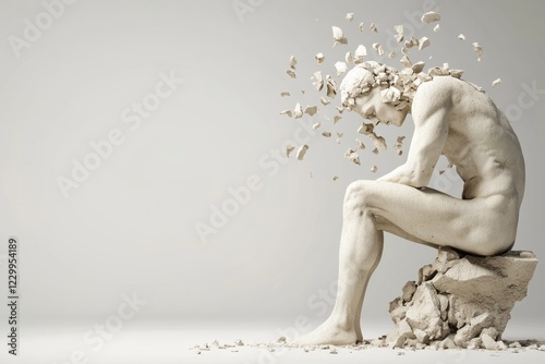 White crumbling stone statue representing osteoporosis and bone loss, conveying fragility and decay