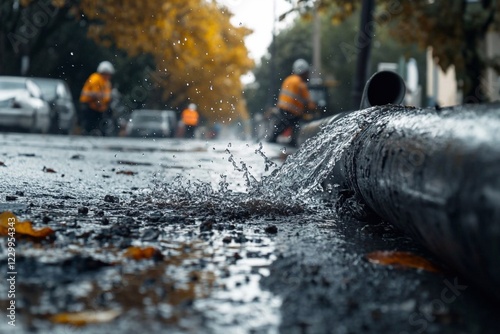 Broken outdoor water pipe spilling water onto a sidewalk, with emergency repair workers on the scene,