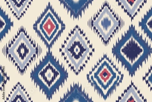 Ikat embroidery with an ethnic oriental pattern and traditional Aztec geometric art ornament. Designed for carpets, covers, wallpapers, wrapping paper, fabric, and clothing.