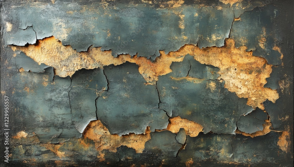 Abstract grunge texture with peeling dark teal and gold paint on a dark background. Abstract grunge texture with peeling dark teal and gold paint on a dark background.