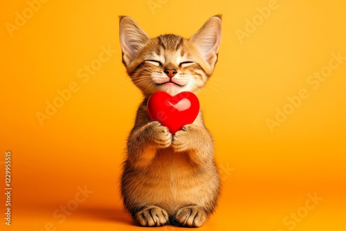 Fototapeta Naklejka Na Ścianę i Meble -  Commercial image. Cute chausie feline infant with domestic animal toy red heart - sign of love, funny greeting card. Chausie - my beloved cat. Adorable cat valentine's. Red heart cat.