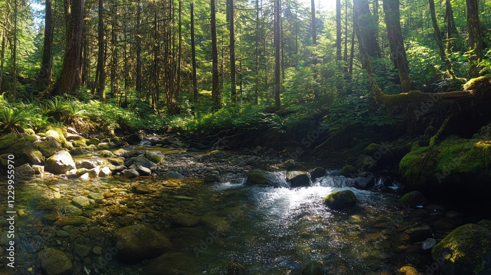 Obraz premium Sunlit forest stream, mossy banks, tranquil nature scene, ideal for travel brochure
