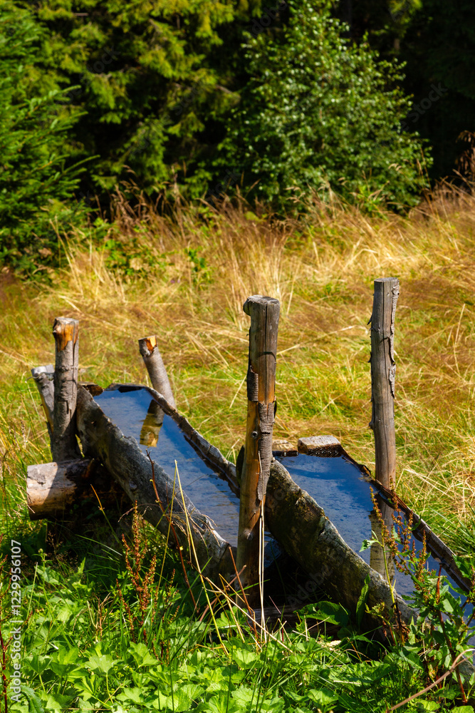 Wooden troughs and a source of fresh clean water in the mountains. Beskids mountains, Poland Wooden troughs and a source of fresh clean water in the mountains. Beskids mountains, Poland