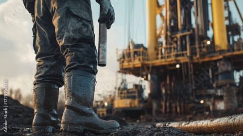 A drilling rig worker in heavy-duty gear and helmet, standing next to a towering drilling rig with muddy boots and a drilling pipe in hand, Oil field scene