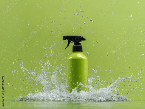 Bright green cleaner bottle splashing in water against vibrant background photo