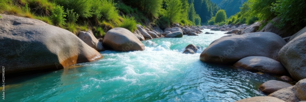 Turquoise water flows over smooth rocks in a winding mountain stream, landscape, river, nature Turquoise water flows over smooth rocks in a winding mountain stream, landscape, river, nature