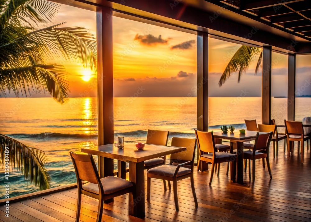 Fototapeta premium Minimalist beach restaurant; breathtaking ocean views and unforgettable sunsets.