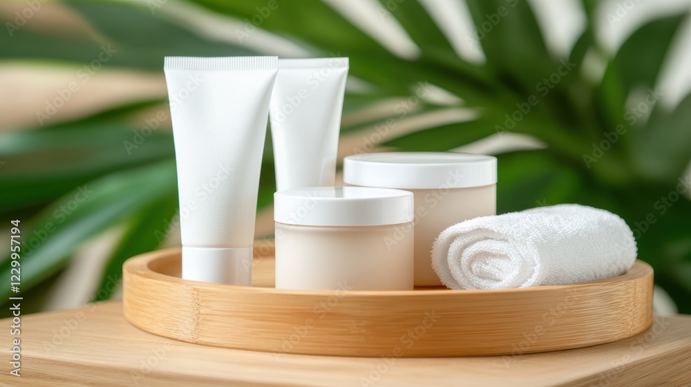 A serene arrangement of skincare products on a wooden tray, complemented by a rolled towel and lush greenery in the background, Perfect for beauty blogs, wellness articles, or spa promotions, A serene arrangement of skincare products on a wooden tray, complemented by a rolled towel and lush greenery in the background, Perfect for beauty blogs, wellness articles, or spa promotions,