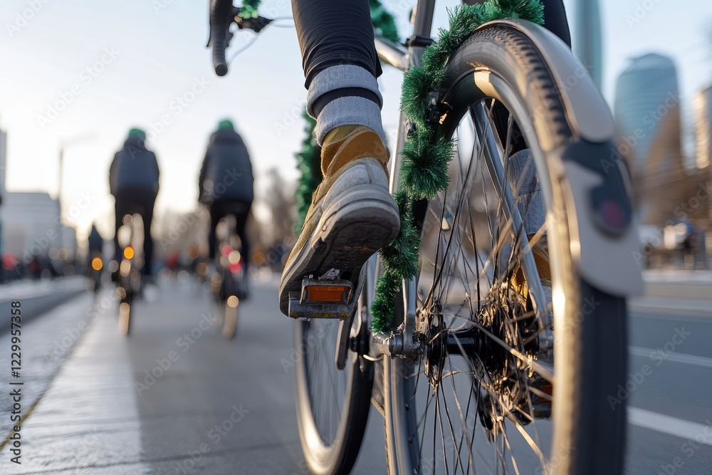 Fototapeta premium Cyclists ride together on bikes ornamented with green decorations, signaling a festive atmosphere in the city during a joyful event while promoting community spirit and togetherness.