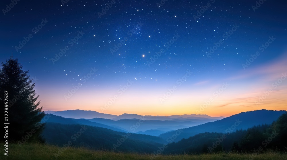 Fototapeta premium A serene landscape at dusk featuring rolling mountains beneath a starry sky, perfect for travel blogs, nature documentaries, or relaxation themes, This image evokes tranquility and awe,