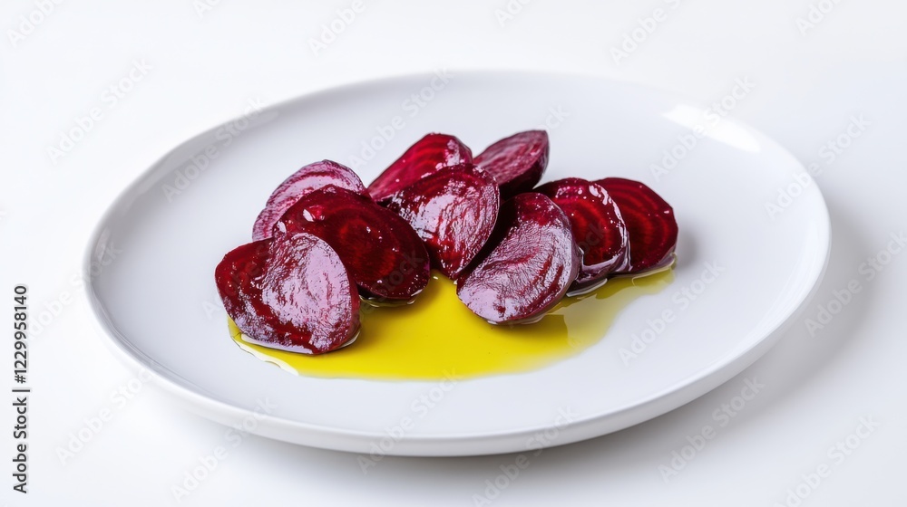 A minimalist plate of roasted beets, lightly drizzled with olive oil, neatly arranged on a plain white ceramic plate A minimalist plate of roasted beets, lightly drizzled with olive oil, neatly arranged on a plain white ceramic plate
