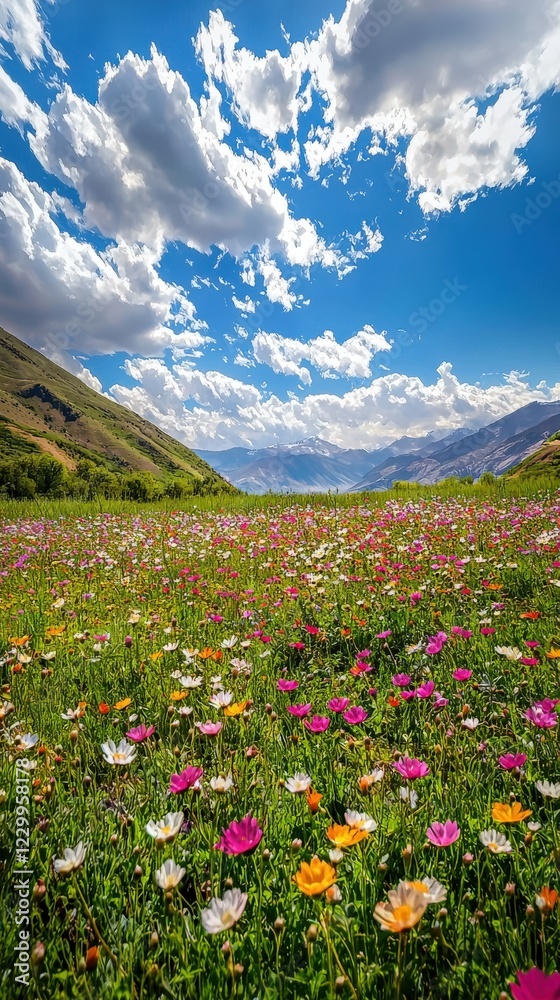 Fototapeta premium Vibrant Meadow Filled with Blooming Wildflowers Under a Bright Sky and Fluffy Clouds