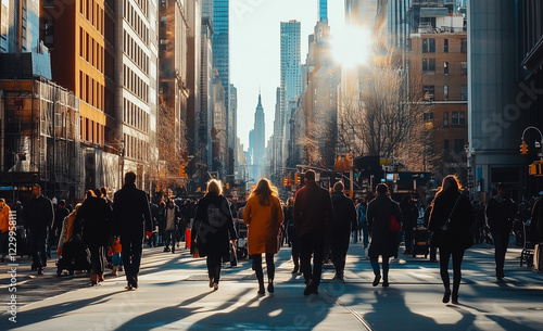 Diverse crowd navigating a bustling city street, surrounded by towering buildings, capturing the essence of urban life and daily commute in a metropolitan center