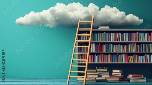 Ladder reaching cloud above bookshelf full of books.