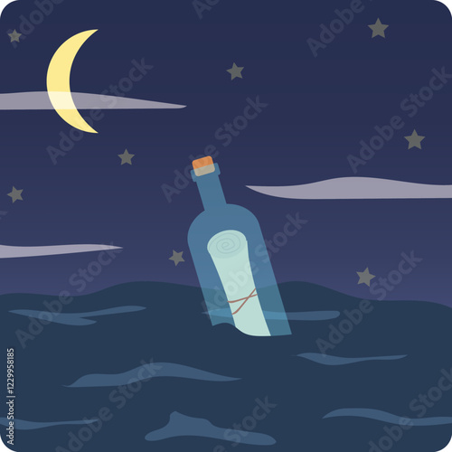 message in a bottle vector icon. letter inside bottle simple flat design. a letter in a bottle that floats on the sea at night