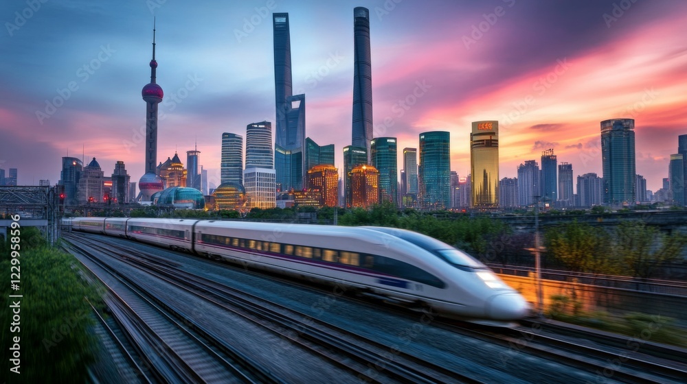 Naklejka premium A high-speed train passing through a vibrant urban area, with modern skyscrapers and busy streets in the background, highlighting city life and innovation