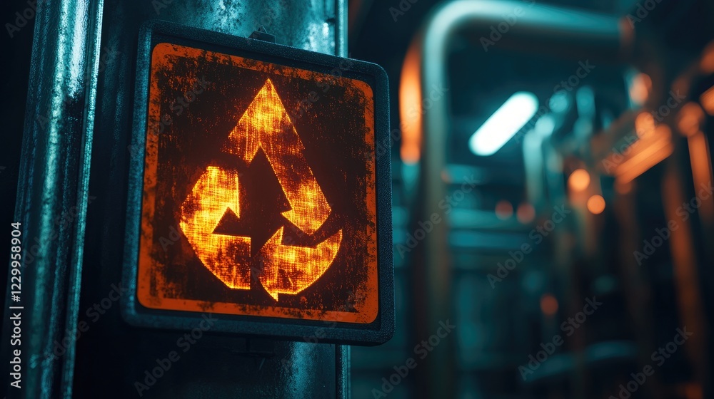 Fototapeta premium A high-voltage warning symbol glowing against an industrial metal background.