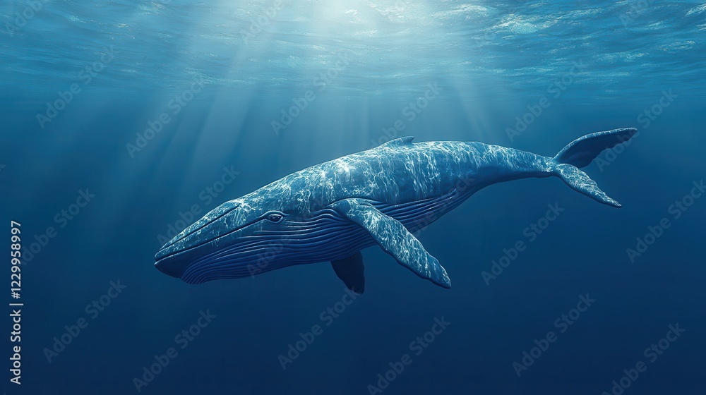 Fototapeta premium Majestic Blue Whale Glides Through the Depths of the Ocean Sunlight