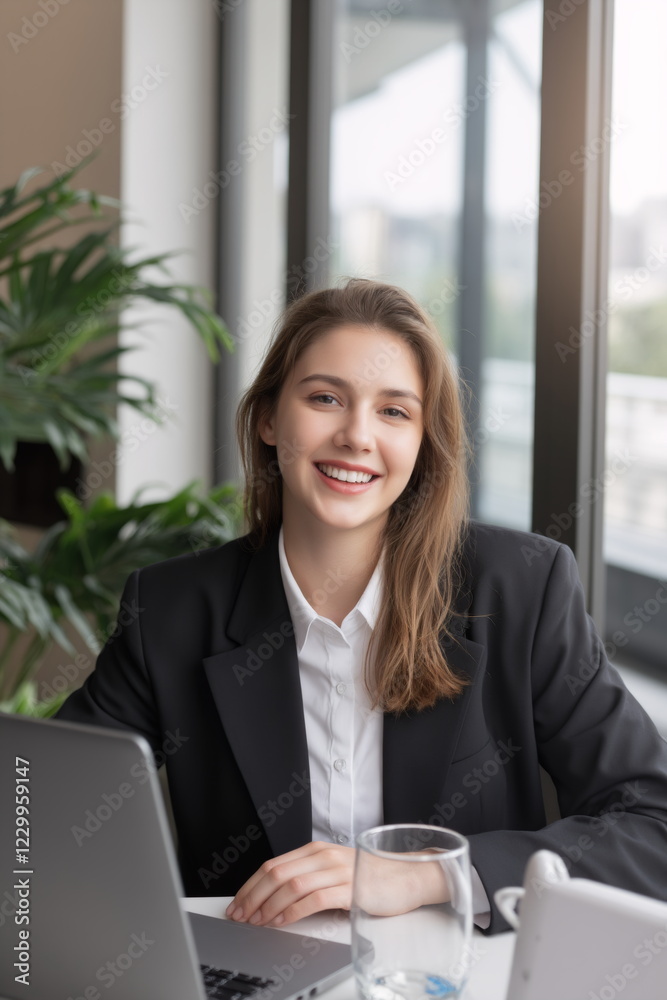 Confident businesswoman typing on laptop in bright modern office Confident businesswoman typing on laptop in bright modern office