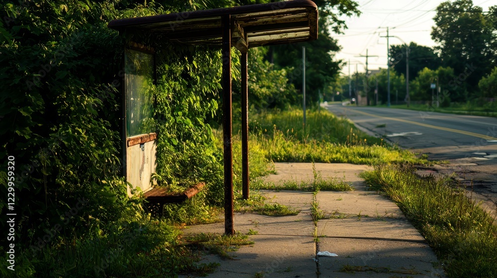 A forgotten bus stop with rusted metal panels, overgrown vines, and a sunny street fading into the horizon, surrealistic impressionism, soft color gradients A forgotten bus stop with rusted metal panels, overgrown vines, and a sunny street fading into the horizon, surrealistic impressionism, soft color gradients