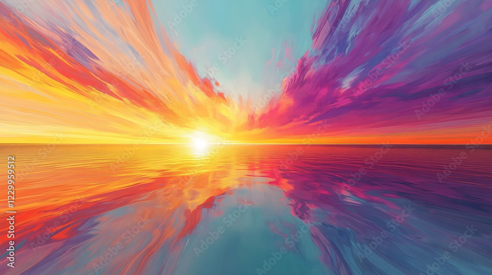 Fototapeta premium Expansive View of a Vibrant Sunset Over a Tranquil Seascape With Rich Colors Reflecting on the Water Surface. Generative AI