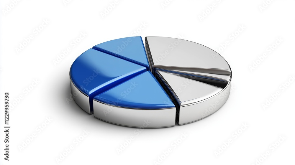 Fototapeta premium A metallic-style financial pie chart with blue and silver segments, displayed on a white background with sharp edges and shadows