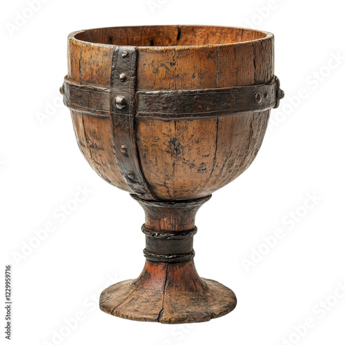 A medieval wooden goblet reinforced with iron bands, featuring a rustic, weathered look. A sturdy and authentic piece of medieval craftsmanship. photo