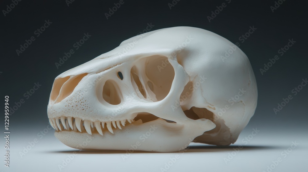 Naklejka premium A detailed, side-profile view of an animal skull on a smooth surface, showcasing its intricate bone structure and sharp teeth, Ideal for educational materials, anatomy studies, or artistic projects,