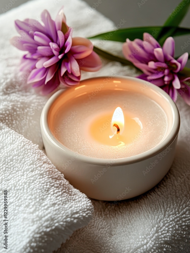 Relaxing candle with flowers on soft towel for spa and wellness Relaxing candle with flowers on soft towel for spa and wellness