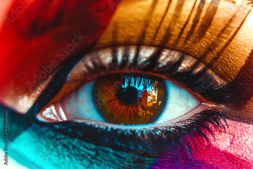 A detailed macro shot of a woman's eye, highlighting the intricate makeup on her eyelids, perfectly shaped eyebrows, and long lashes.