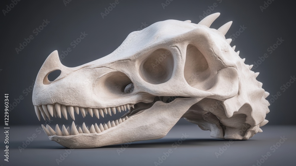 Naklejka premium A detailed dinosaur skull sculpture in white, showcasing sharp teeth and bone texture, Ideal for educational materials, museum displays, or as a unique artistic piece in creative projects,