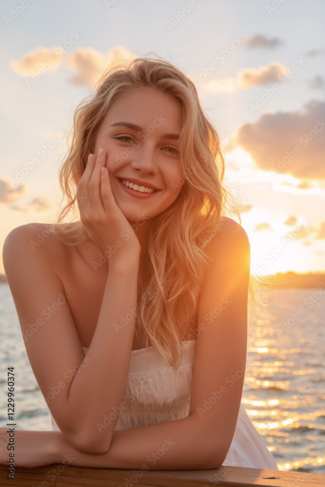 Smiling person enjoying golden hour by the water Smiling person enjoying golden hour by the water
