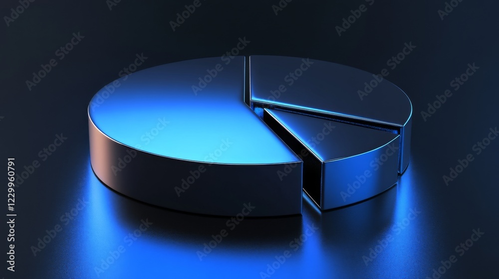 Fototapeta premium A minimalist pie chart with metallic segments in blue tones, on a reflective black background, with a subtle light effect to add depth