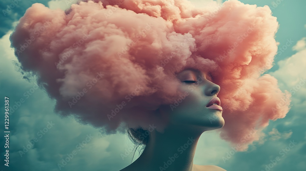 Serene woman with pink cloud hair, eyes closed, dreamy sky background. Serene woman with pink cloud hair, eyes closed, dreamy sky background.
