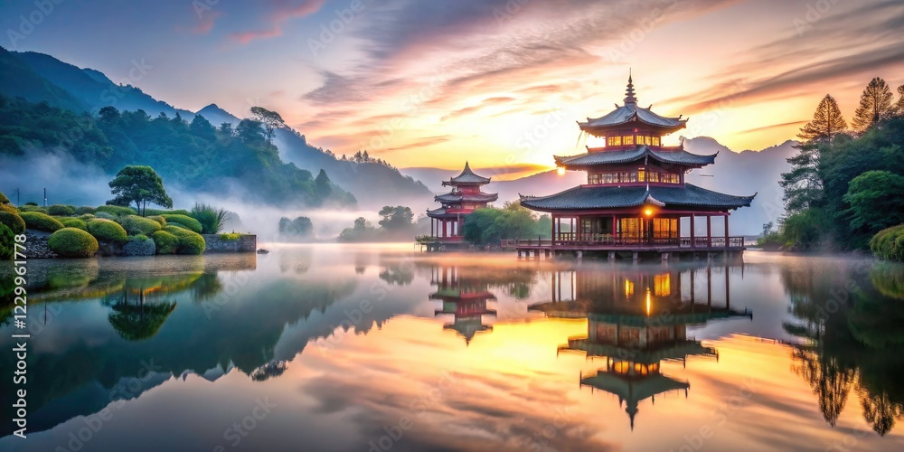Peaceful Asian temple, calm waters reflecting tranquil architecture; a sanctuary for spiritual reflection. Peaceful Asian temple, calm waters reflecting tranquil architecture; a sanctuary for spiritual reflection.