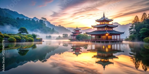 Peaceful Asian temple, calm waters reflecting tranquil architecture; a sanctuary for spiritual reflection.