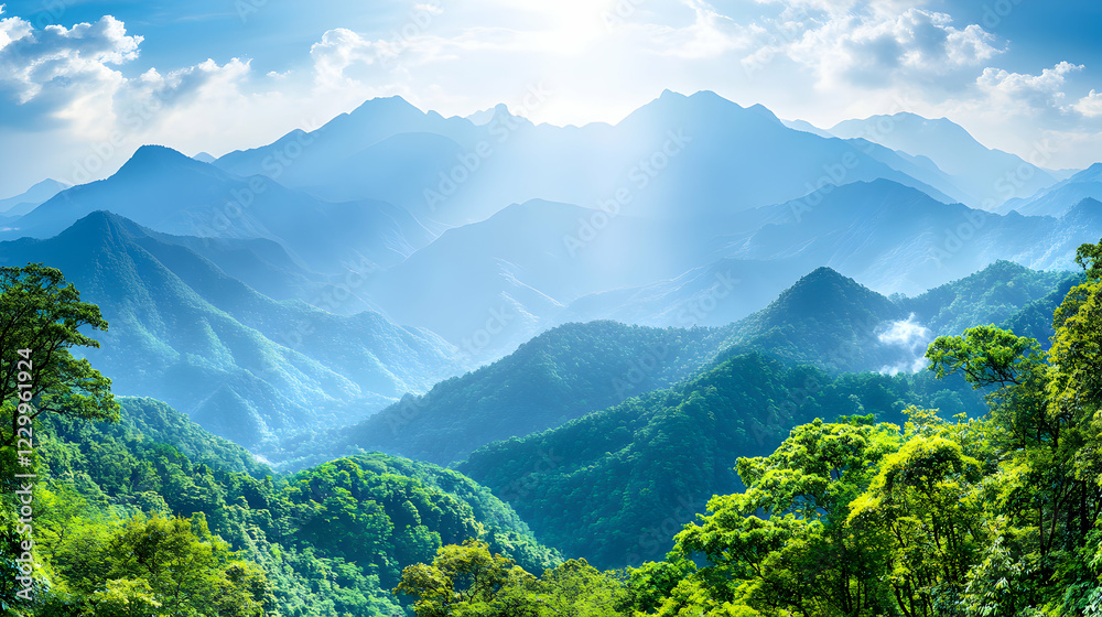 Naklejka premium Serene landscape photography showcasing lush green mountains bathed in sunlight, offering a breathtaking panoramic view of nature's beauty.