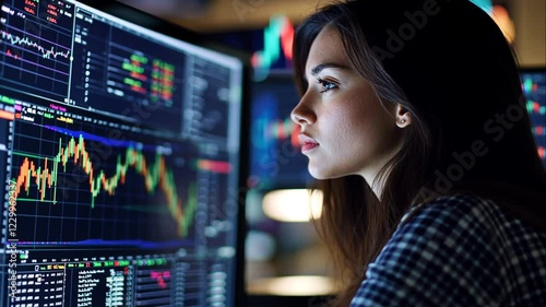 Businesswoman analyzing stock market data on a digital screen displaying charts and financial graphs.