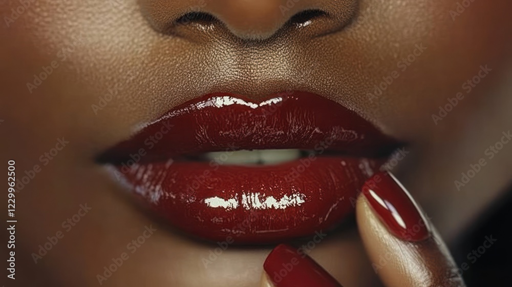 Obraz premium Close-up of woman's glossy red lips and nails.