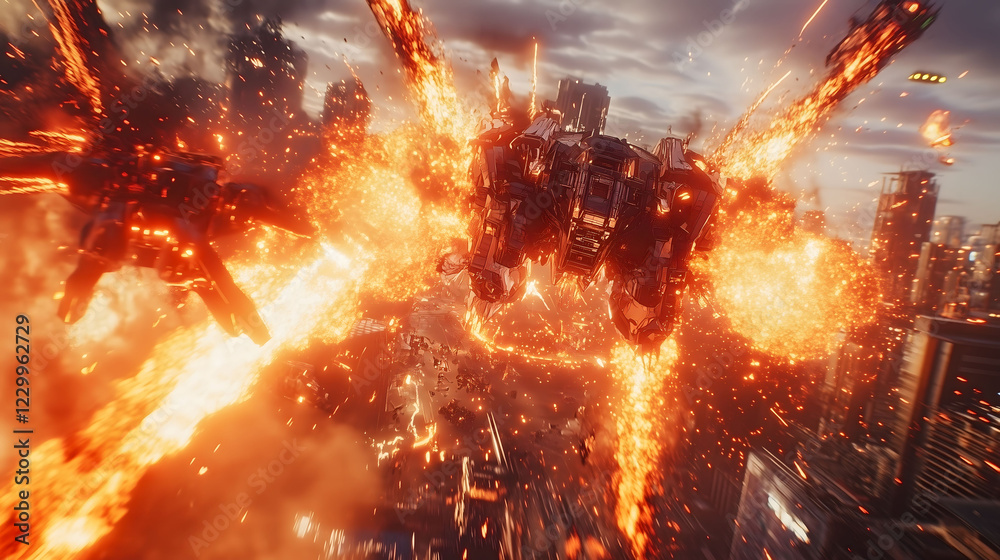 Futuristic Armored Battle Unfolds in a City Engulfed by Flames and Chaos as Explosive Aerial Combat Intensifies. Generative AI Futuristic Armored Battle Unfolds in a City Engulfed by Flames and Chaos as Explosive Aerial Combat Intensifies. Generative AI