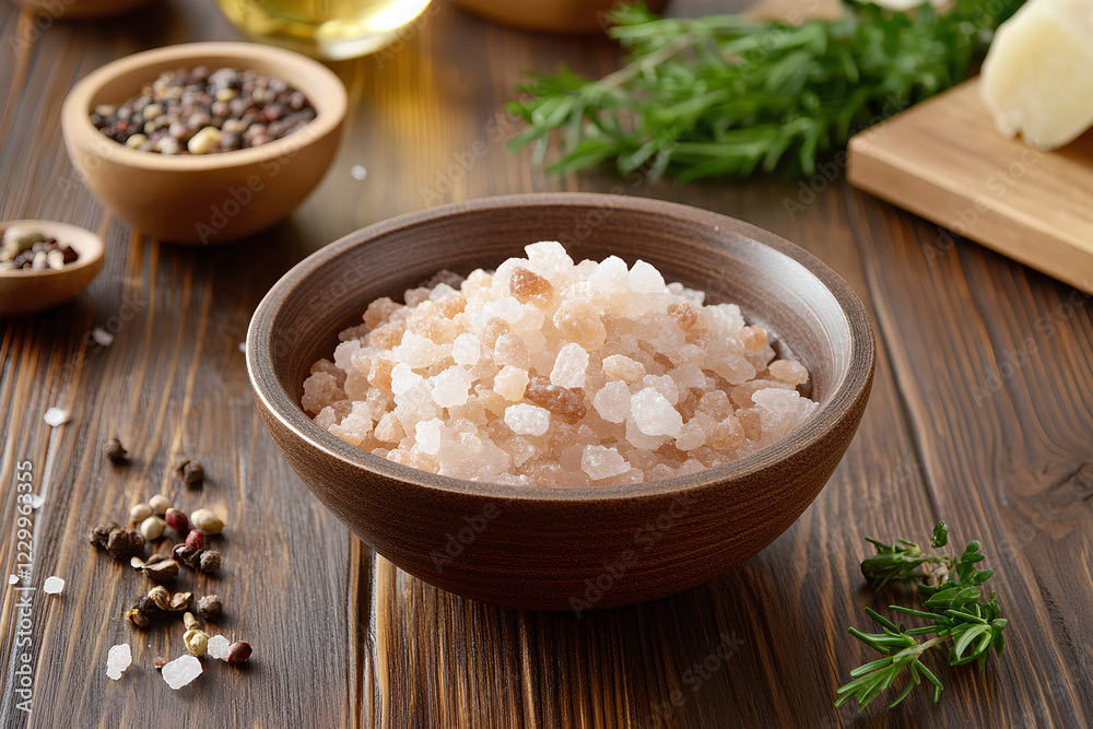 A close-up view of Himalayan pink salt in a bowl, surrounded by vibrant spices on a rustic wooden table. The rich colors and textures of the spices A close-up view of Himalayan pink salt in a bowl, surrounded by vibrant spices on a rustic wooden table. The rich colors and textures of the spices