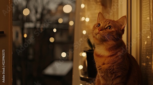 Ginger cat gazing at Christmas lights through the window on a winter evening photo