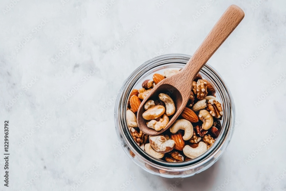 Fototapeta premium Assorted Nut Mix A glass jar filled with almonds, cashews, and walnuts