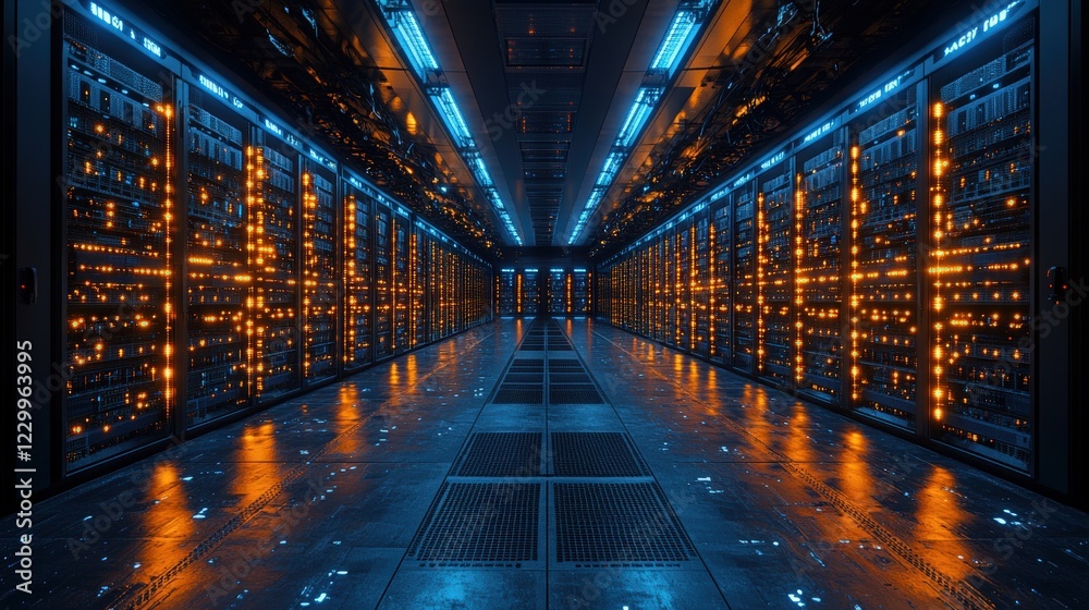 Long row of server racks in a data center with illuminated lights and organized cables Long row of server racks in a data center with illuminated lights and organized cables